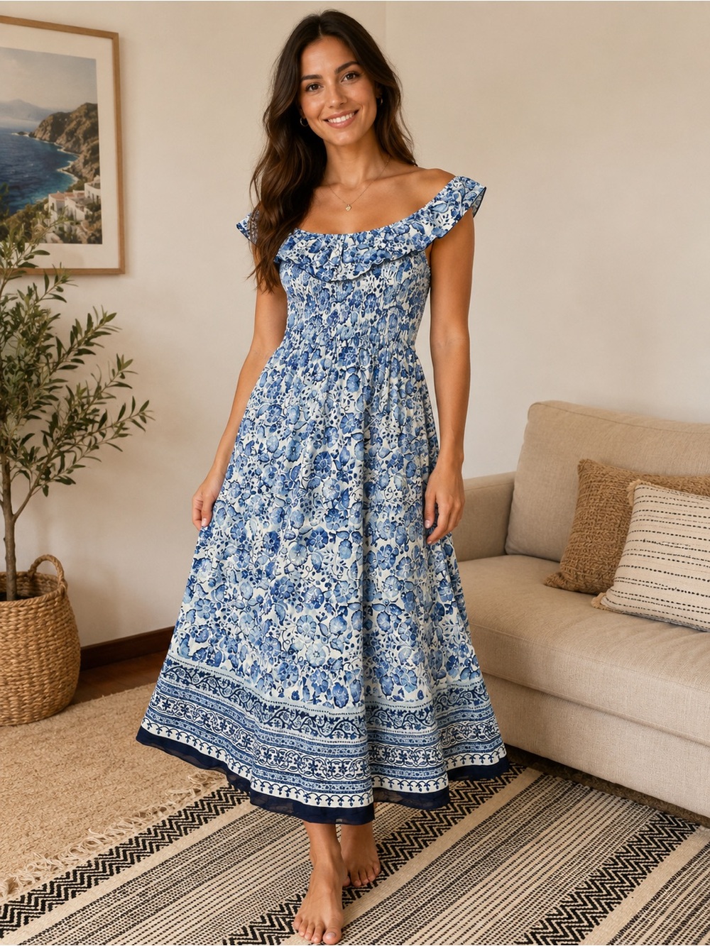 Zara Blue Floral Ruffled Off-Shoulder Maxi Dress